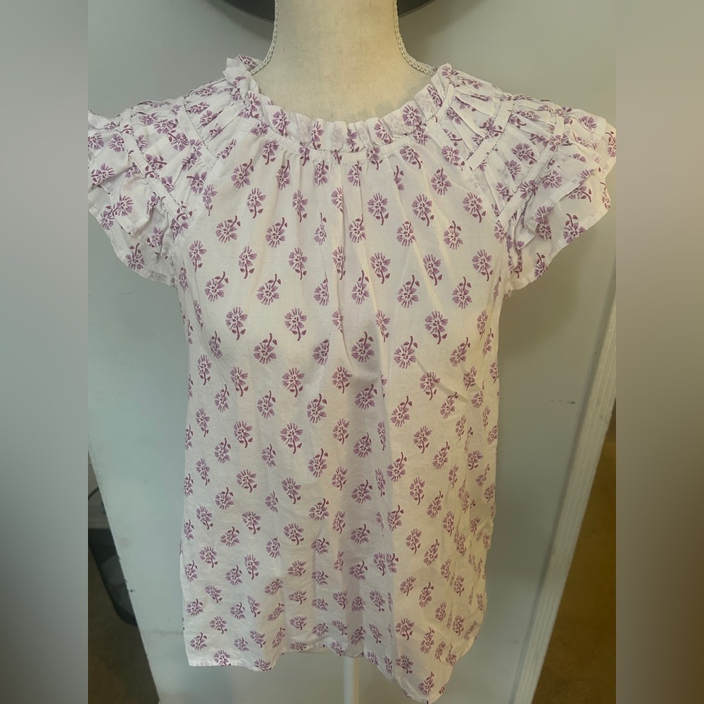 J Crew Women’s White & Lavender Floral Ruffle Sleeve Top